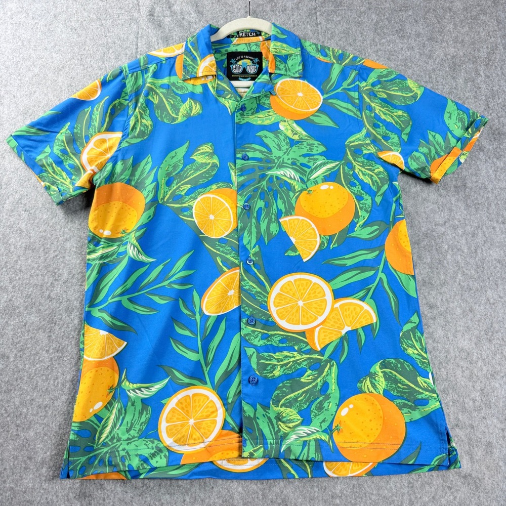 Good‎ Vibes Hawaiian Shirt Mens Medium Blue Floral tropical Stretch Beach